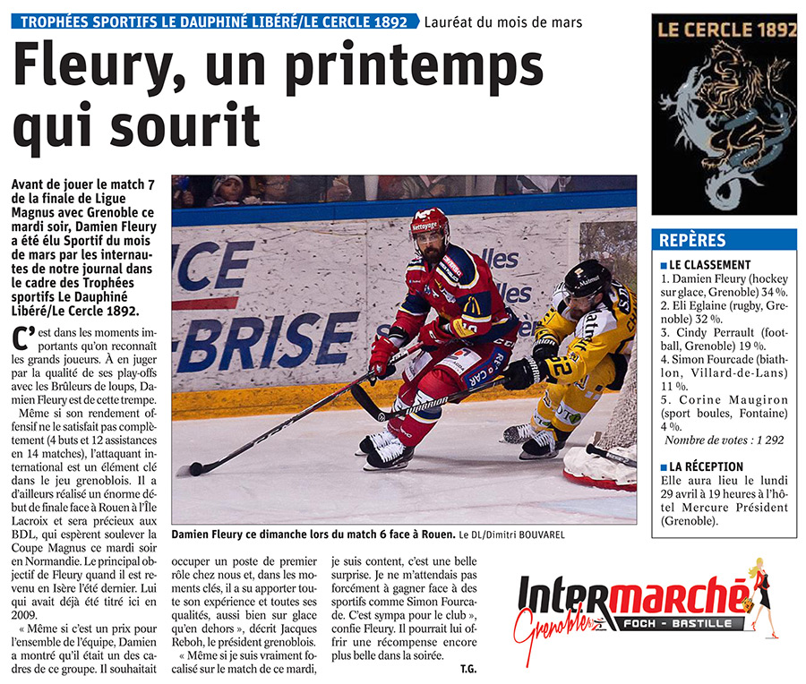 Article Damien Fleury, attaquant des BDL, sportif du mois de mars Article Damien Fleury, attaquant des BDL, sportif du mois de mars